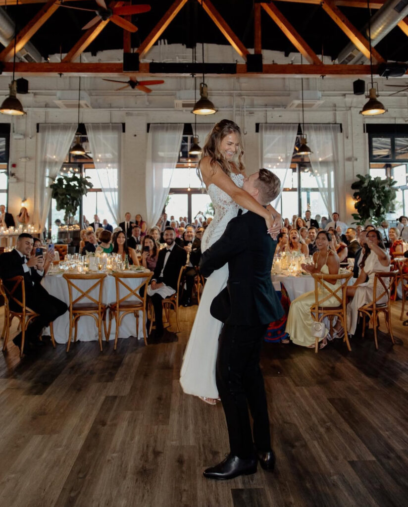 Newlyweds dancing inside the Batello dining room during their New Jersey wedding reception.